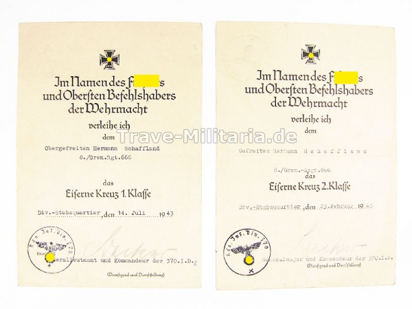 Urkunden EK 2 und EK 1 Gren.Regt. 666