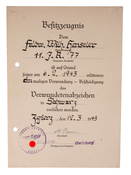 Besitzzeugnis Verwundetenabzeichen in Schwarz Henseler I.R. 77