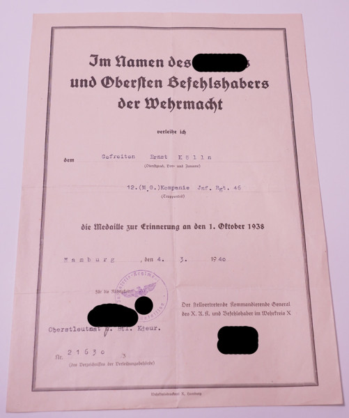 Urkunde Medaille zur Erinnerung an den 1.Oktober 1938 I.R.46
