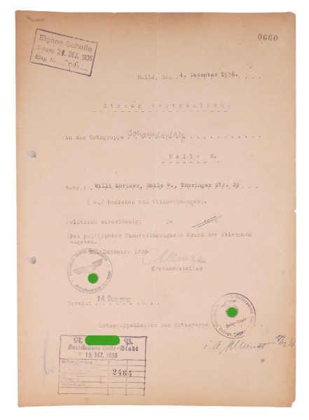 NSDAP Kreisleitung Halle-Stadt Schreiben über Zuverlässigkeit Moriser