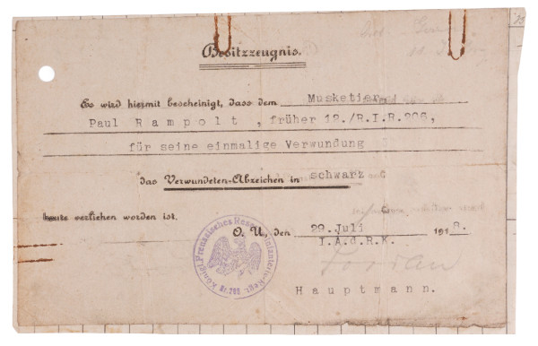 Besitzzeugnis Verwundetenabzeichen in Schwarz Rampolt R.I.R. 206