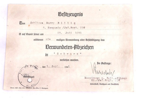 Besitzzeugnis Verwundeten-Abzeichen in Schwarz Inf.Rgt.230