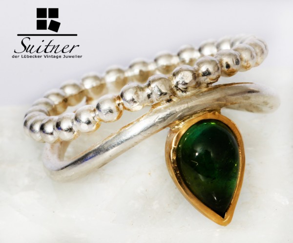 Handgefertigter Turmalin Ring 750 Gold und Silber Gr. 58 Tropfen Grün