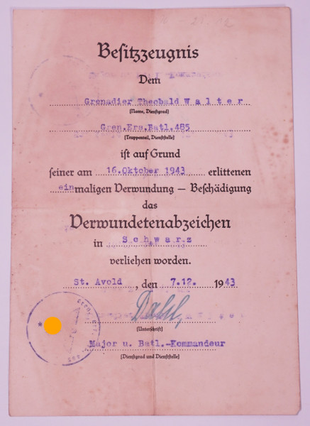 Besitzzeugnis Verwundetenabzeichen in Schwarz Gren.Ers.Batl.485