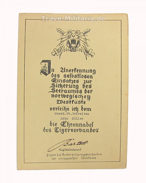 Urkunde zur Verleihung der Ehrennadel des Tigerverbandes