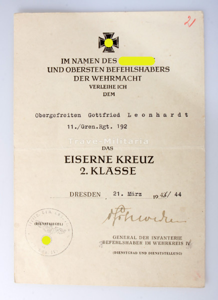 Urkunde Eisernes Kreuz 2. Klasse Leonhardt Gre.Rgt.192