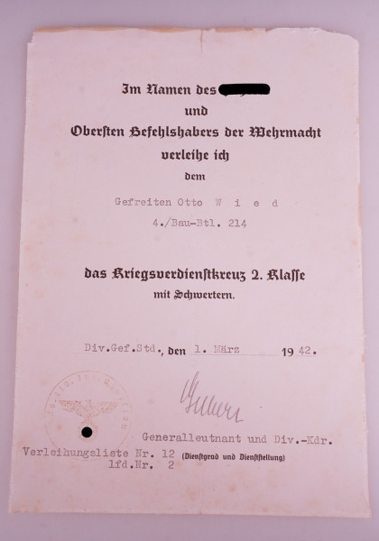 Urkunde Kriegsverdienstkreuz 2. Klasse mit Schwertern Wied Bau-Batl.