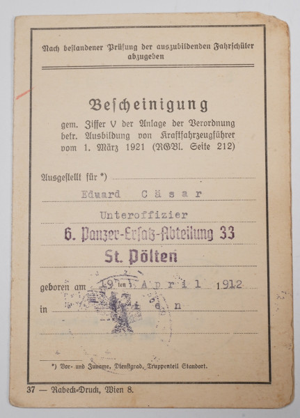 Fahrlehrerschein Cäsar Panzer-Ersatz-Abteilung 33 St.Pölten