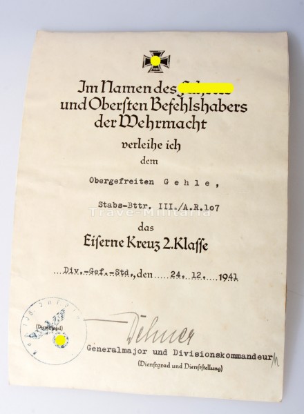 Urkunde Eisernes Kreuz 2. Klasse Gehle A.R. 107