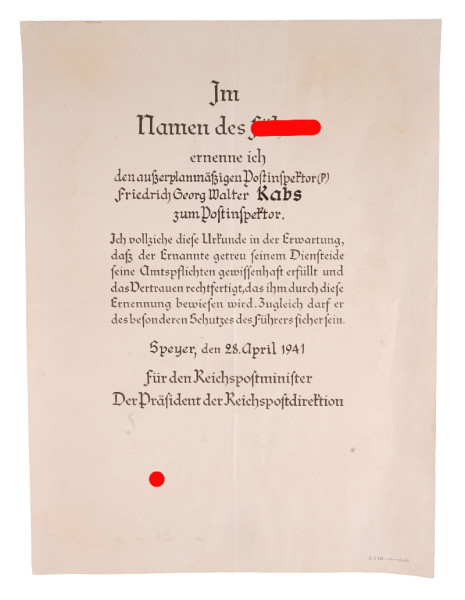Ernennungsurkunde Postinspektor Kabs