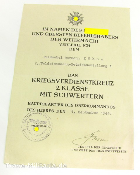 Einzelurkunde zum Kriegsverdienstkreuz 2. Klasse mit Schwertern Feldeisenbahn-Betriebsabteilung 1