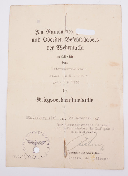 Urkunde Kriegsverdienstmedaille für Unterwachtmeister Müller