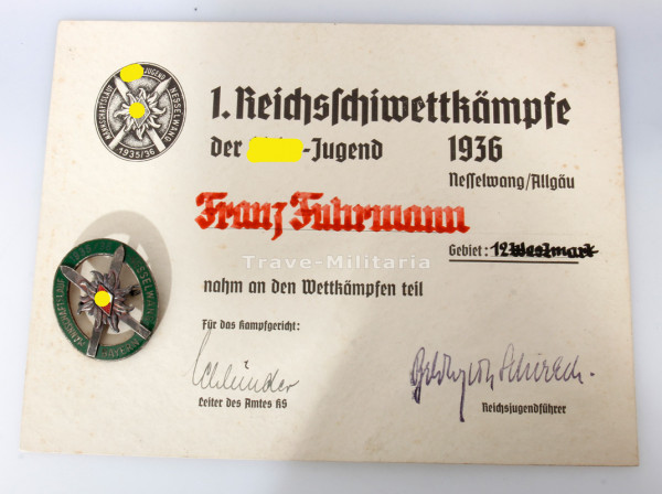 HJ-Mannschaftslauf Nesselwang 1935/36 Teilnehmerabzeichen und Urkunde