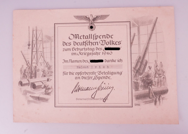 Metallspende-Urkunde 1940