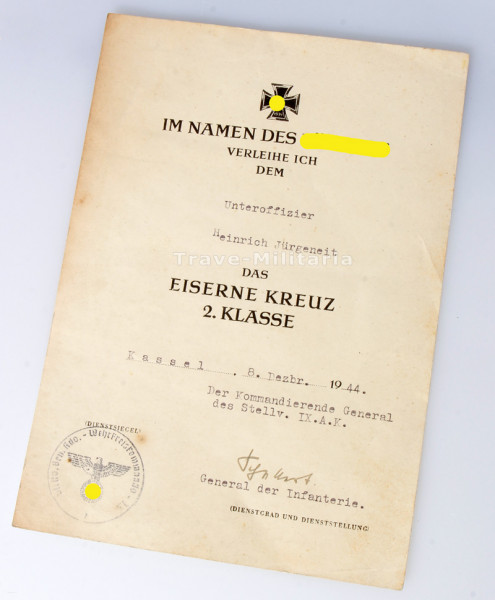 Urkunde Eisernes Kreuz 2. Klasse Jürgeneit