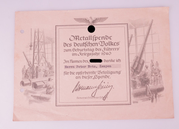 Metallspende- Urkunde 1940 Notz, Kempen