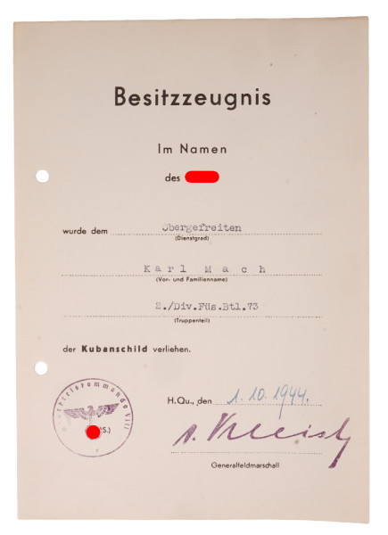 Besitzzeugnis Kubanschild Mach Div. Füs. Btl. 73