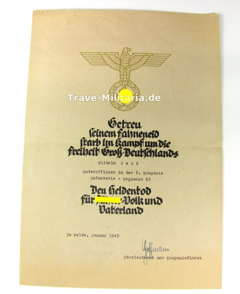Heldentod-Urkunde Infanterie-Regiment 65 1943