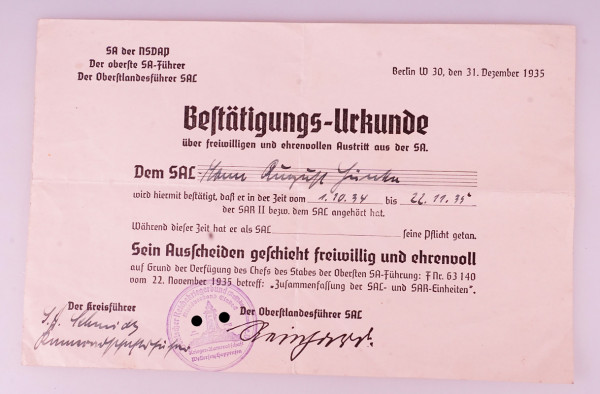 SAL Bestätigungsurkunde über freiwilligen und ehrenvollen Austritt aus der SA