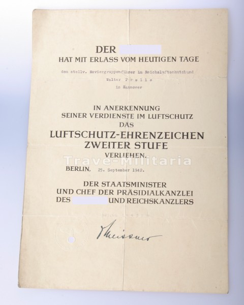 Urkunde - Luftschutz-Ehrenzeichen 2.Stufe