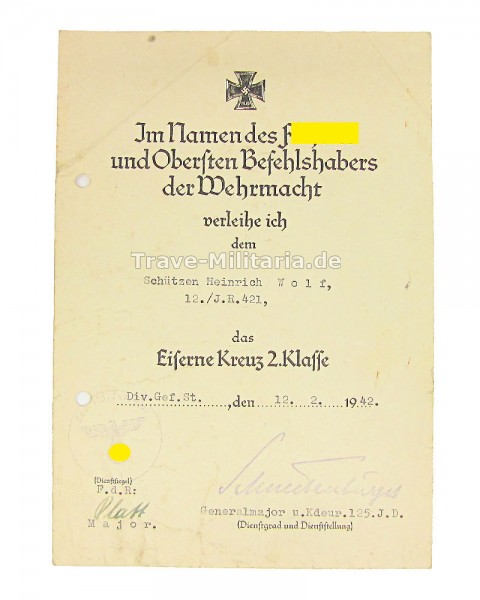 Urkunde zum Eisernen Kreuz 2. Klasse I.R. 421