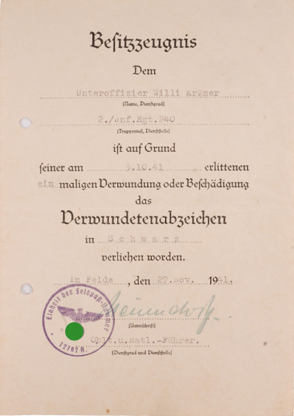 Besitzzeugnis Verwundetenabzeichen in Schwarz Krämer I.R.240