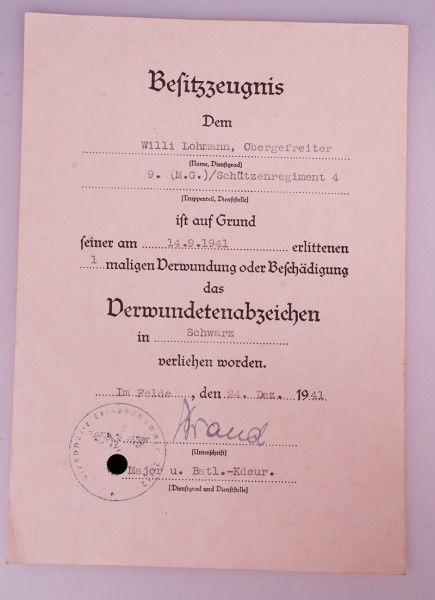 Besitzzeugnis Verwundetenabzeichen in Schwarz Lohmann S.R.4