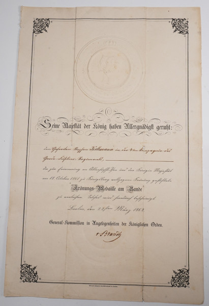 Urkunde Preussen Krönungs-Medaille am Bande Kollmann