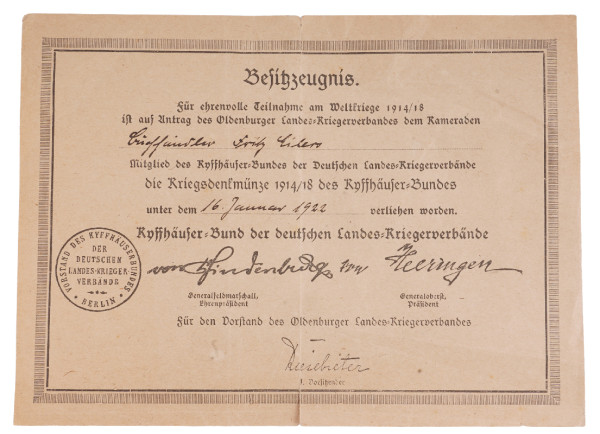 Besitzzeugnis Kriegsdenkmünze 1914/18 des Kyffhäuser-Bundes Eilers