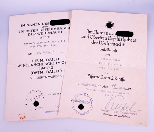Urkundenpaar Tietz Stab 170. Infanterie-Division