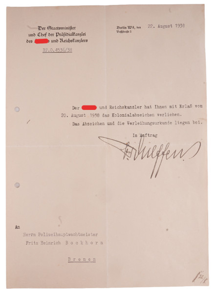 Übersendungsschreiben Kolonialabzeichen und Urkunde