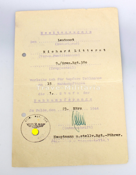 Besitzzeugnis Nahkampfspange 1. Stufe Litterst Gren.Regt.380