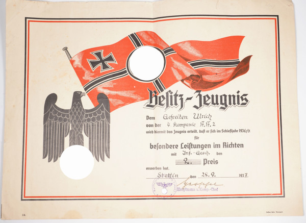 Besitz-Zeugnis für 2. Preis für besondere Leistungen im Richten mit Inf.-Gesch.