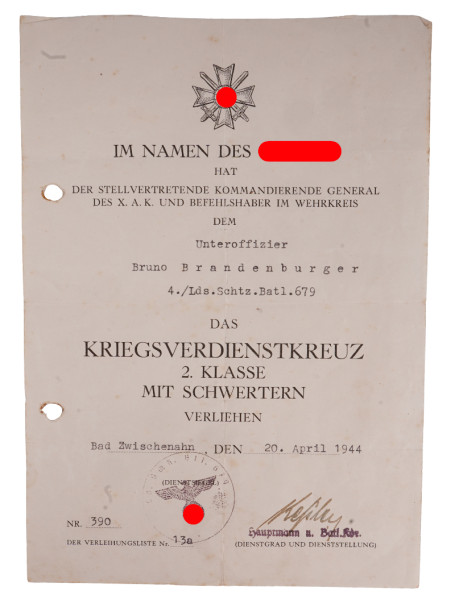 Urkunde Kriegsverdienstkreuz 2.Klasse mit Schwertern Brandenburger