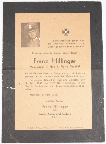 Todesanzeige Franz Hillinger 1944 in Bulgarien