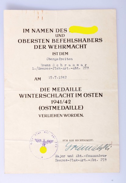 Urkunde Medaille Winterschlacht im Osten Heeres-Flak-Art. Abt. 273