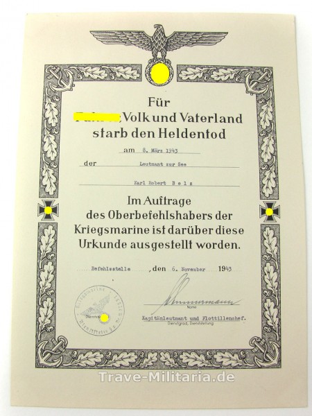Heldentodurkunde der Kriegsmarine U-Boot-Fahrer