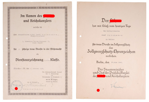 Urkundenpaar Reiter-Regiment 15 u. Zollgrenzschutz