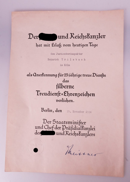 Urkunde Silbernes Treudienst-Ehrenzeichen für 25 Jahre Trilsbach