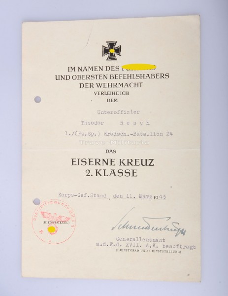 seltene Urkunde Eisernes Kreuz 2. Klasse am Kessel Stalingrad