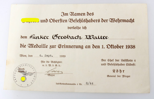 Urkunde Medaille zur Erinnerung an den 1. Oktober 1938 Gersbach
