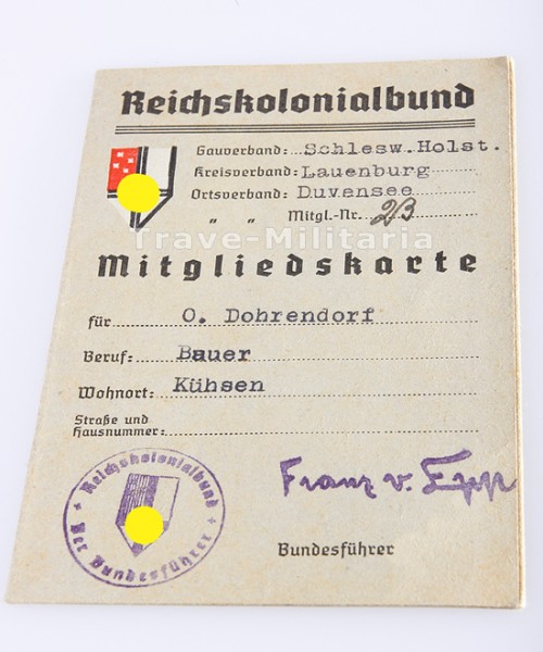 Mitgliedskarte Reichskolonialbund