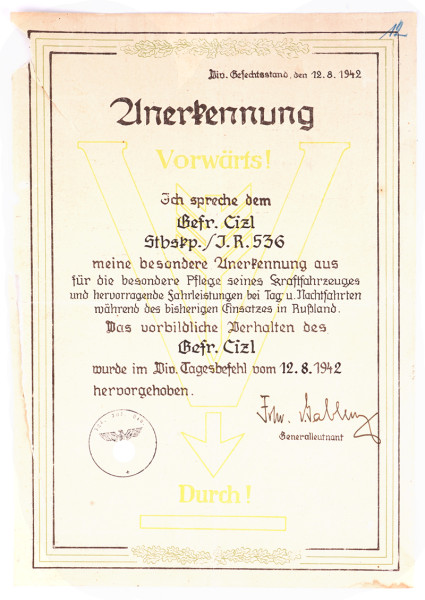 Anerkennungsurkunde Cizl 384. Infanterie-Divison