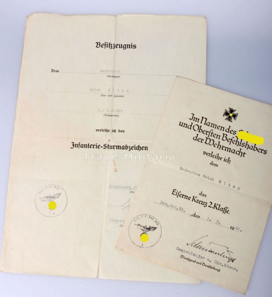Nachlass Kling Eisernes Kruez 2. Klasse, Große Urkunde Infanteriesturmabzeichen