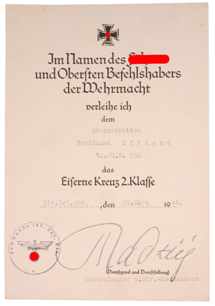 Urkunde Eisernes Kreuz 2. Klasse Iffland G.R. 392