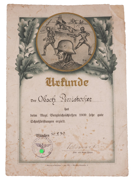 Urkunde Regiments-Vergleichsschießen 1939 Infanterie-Regiment 61