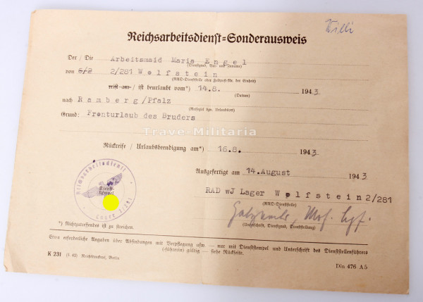Reichsarbeitsdienst- Sonderausweis Arbeitsmaid Maria Engel