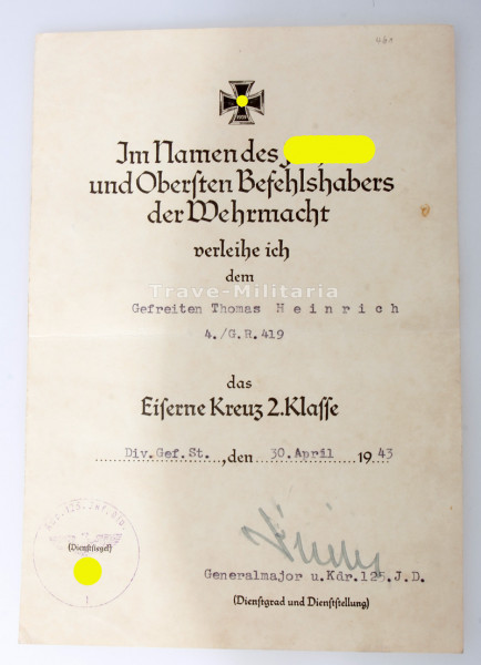 Urkunde Eisernes Kreuz 2. Klasse Heinrich G.R. 419