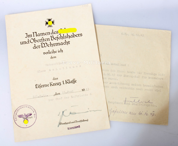 Urkunde Schallnaß Eisernes Kreuz 1. Klasse Kampfgeschwader 51