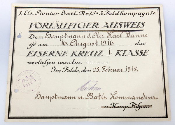 Vorläufiger Ausweis Eisernes Kreuz I. Klasse Danne Pionier-Batl. Nr. 15